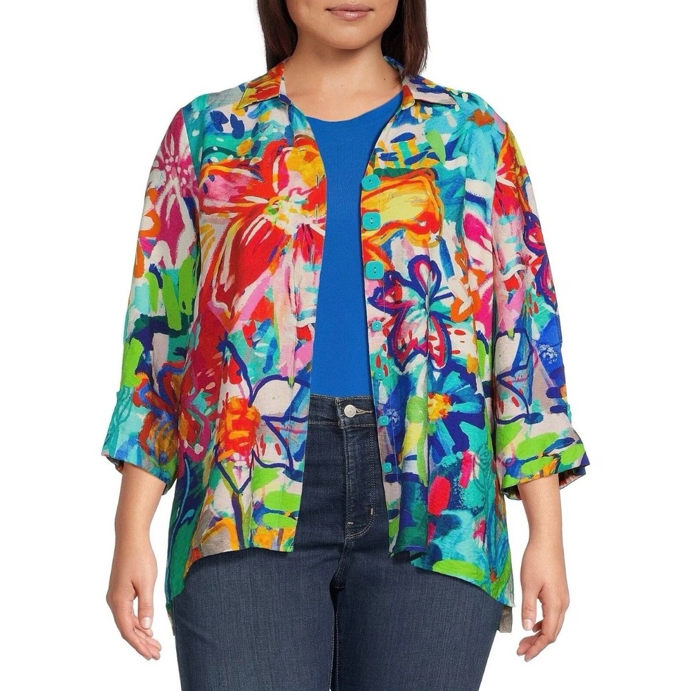 Ali Miles Floral Tunic Top Jacket Womens L 3/4 Sleeve Button Up Watercolor Art